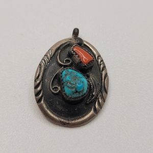 Very Old Antique Navajo Signed AJ Coral & Turquoise Pendant For Necklace